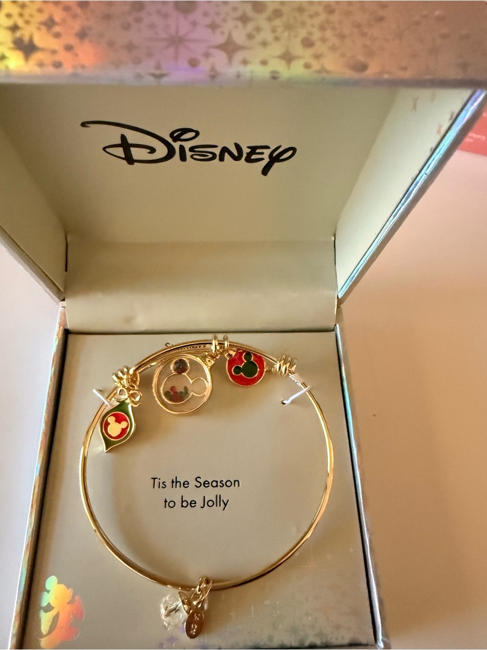 Disney Gold-Tone Red & Green Mickey Charm Bangle Bracelet holiday